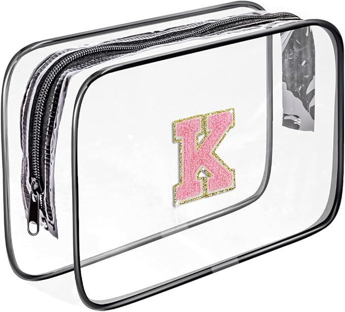 Clear Toiletry Bag,Portable Travel Toiletry Bag,Chenille Letter Cosmetic Bag with Zipper,Waterproof Makeup Bag,Cosmetic Storage Organizer for Women Men,Travel Essentials (Black,K)