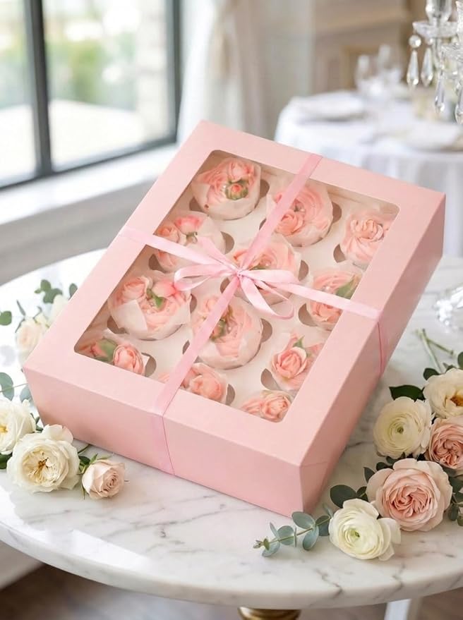 Bakepacker Auto-pop up 12 Cupcake Containers 6-Packs Pink Cupcakes Carrier, 12 Cupcake Boxes with Window 13"x10"x3.5"