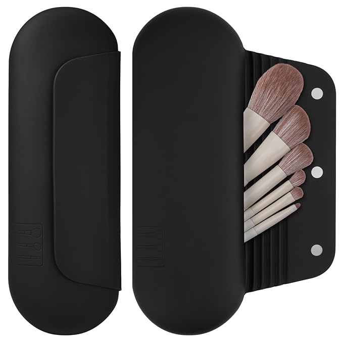 AGIKET Silicone Makeup Brush Holder Travel Cosmetic Bag: Soft Portable Cosmetic Face Brushes Holder with Upgraded Anti-Fall Out Magnetic Closure, Large Travel Makeup Brush Case - Black