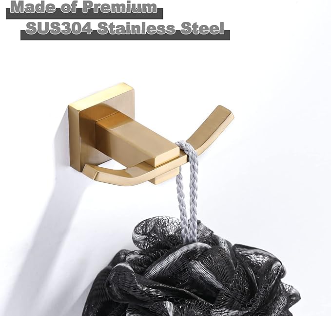 WOWOW Towel Hooks for Bathrooms Gold, SUS304 Stainless Steel Coat Hook, Bathroom Robe Towel Holder, Heavy Duty Robe Hooks, Bathroom Double Towel Hooks for Coats, sponges, Wall Mount