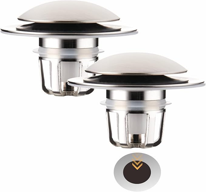 2 Pack Brushed Nickel Bathroom Sink Stopper Pop Up, Wellup 2-in-1 Bathroom Sink Drain Stopper for 1 1/8"-1 1/2" Sink Drain Hole, Universal Sink Stopper Strainer with Hair Catcher