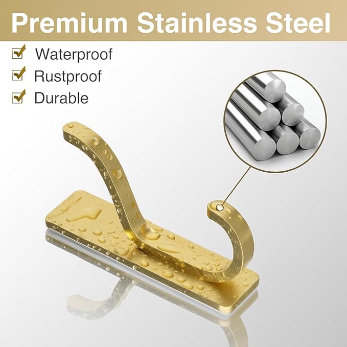 niffgaff Wall Hooks for Coat and Towel: 13lb Adhesive Door Hanger Stick On, Sticky Hook for Wall, Closet, Bathroom - Stainless Steel, Brushed Gold, 6 Pack