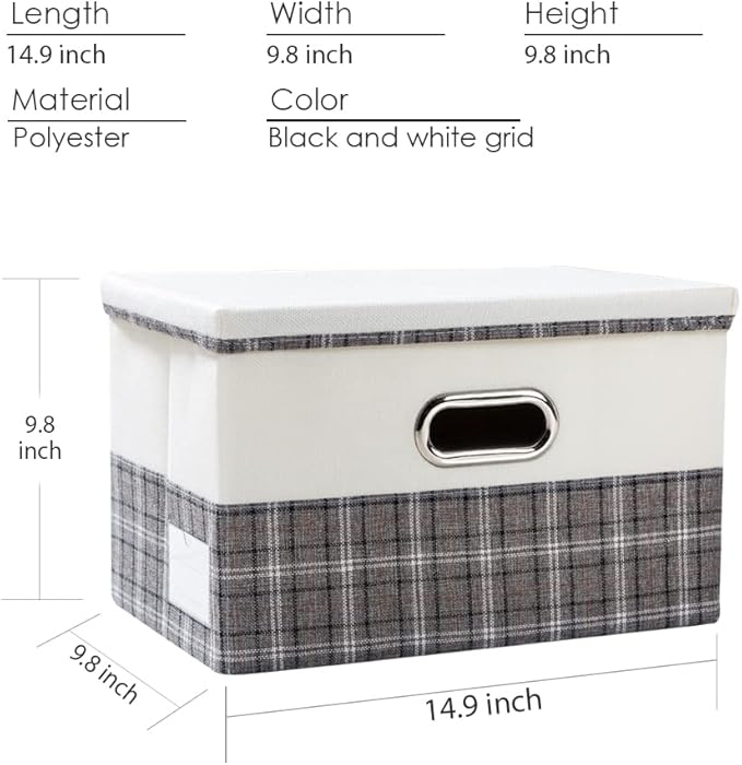 PRANDOM Collapsible Storage Bin with Lid [3-Pack] Fabric Foldable Storage Box Organizer Container Basket Cube with Cover for Home Bedroom Closet Office Nursery Gray Plaid & Cream (14.9x9.8x9.8)