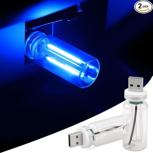2 PCS Car USB Lights, Plug-in Retro Car Atmosphere Lamp with Touch Dimmable, Portable Mini Glass Bottle LED Bulb Night Lights for Vehicle Bedroom Hallway Camping Holiday Decoration (Blue)