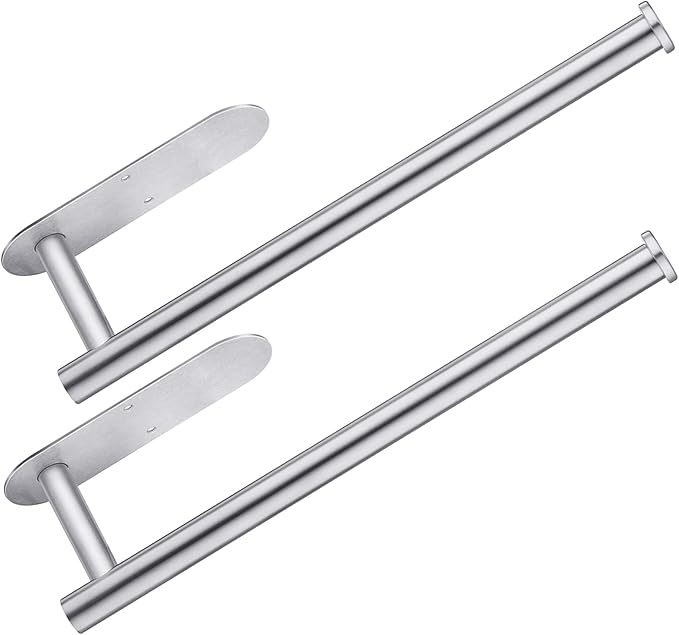 CUXIXA Paper Towel Holder Under Cabinet 2 Pack,Stainless Steel Paper Towel Holder Wall Mount for Kitchen, Bathroom, RV, Paper Towel Rack with Self Adhesive and Screws (Silver)