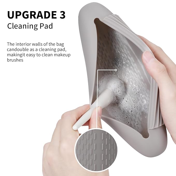 AGIKET Silicone Makeup Brush Holder Travel Cosmetic Bag: Soft Portable Cosmetic Face Brushes Holder with Upgrade Anti-Fall Out Magnetic Closure, Large Travel Makeup Brush Case - Stone