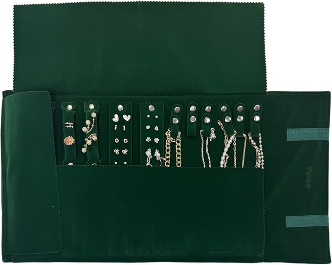 UnionPlus Velvet Travel Jewelry Case Roll Bag for Necklaces Brackets, Great Jewelry Organizer for Travel, Multi Jewelry Organizer, Blackish Green