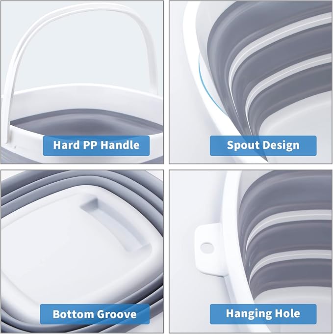 2 Pack Collapsible Buckets 10L 2.6 Gallon Cleaning Bucket Mop Bucket Folding Foldable Portable Small Plastic Water Supplies for Outdoor Garden Camping Fishing Car Wash Space Saving Square Grey Blue