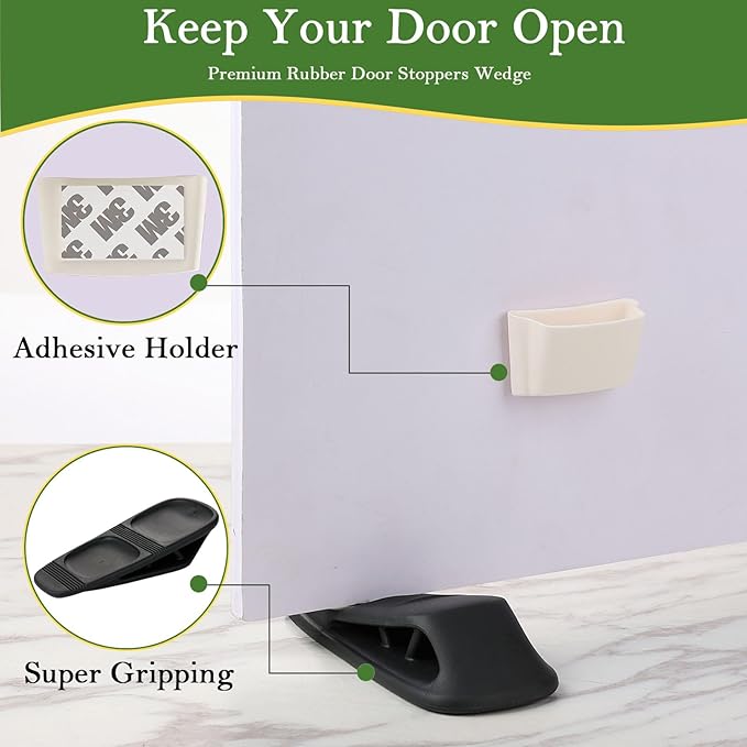 Fursafe&Q Rubber Door Stoppers for Bottom of Door, Door Stop Wedge with Holder, Heavy Duty Doorstops 4 Pack, Wall Protector for Home & Office & School & Commercial Doorstop Keep Open Stack Black