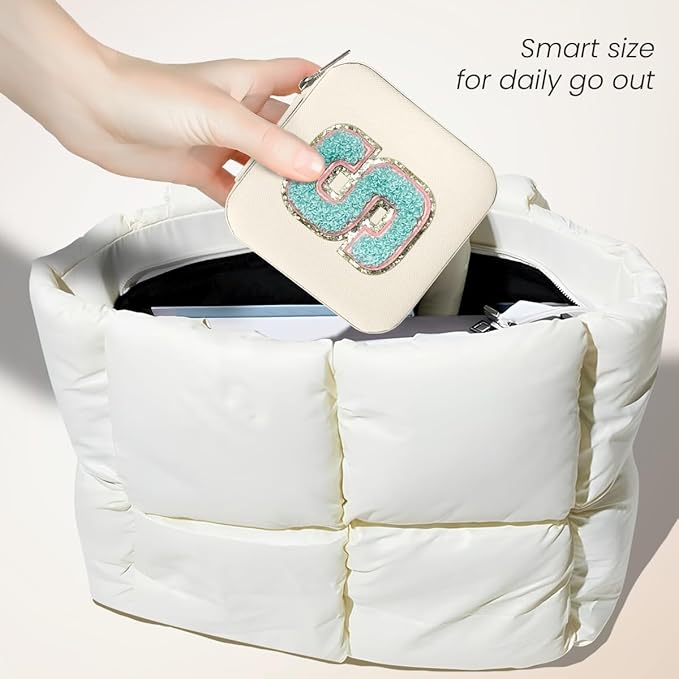 SANDJEST Personalized Jewelry Box, White Travel Jewelry Box with Initial S, Small Monogrammed Jewelry Case Organizer for Girls Women Teen Kids, Mini Travel Essentials Gifts for Birthday Christmas