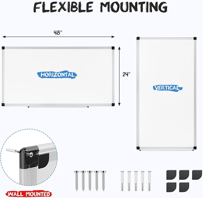 DUMOS White Board Dry Erase Kit, 48" x 24" Magnetic Board for Wall with 1 Dry Eraser & 2 Multicolor Markers & 4 Magnetic Pins, Silver Reinforced Aluminum Frame for Home, School, Office