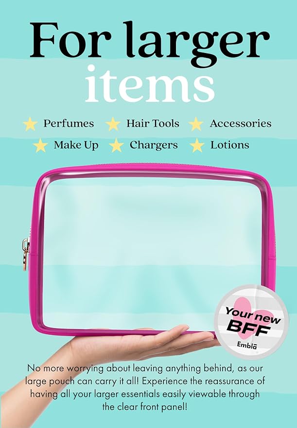 Clear Makeup Bag Zipper Pouch, Transparent Cosmetic Case Organizer, TSA Approved Travel Toiletry Case, Travel Accessories Essentials Makeup Tote for Women, Large Cute Make up Bag for Purse - Fuchsia