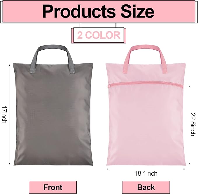 2 Pcs Travel Laundry Bags Waterproof with Handle Dirty Clothes Bag for Traveling Hanging Laundry Hamper with Two Zippered Pockets Washable Reusable for Sports Home Travel College Dorm (Pink, Gray)