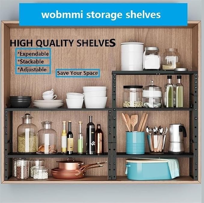 Wobmmi Expandable,Adjustable & Stackable Spice Rack, Cabinet Kitchen Countertop Shelf Organizer,Metal Pantry Storage Shelves - Space-Saving Storage Solution(2Packs/Black/Medium)