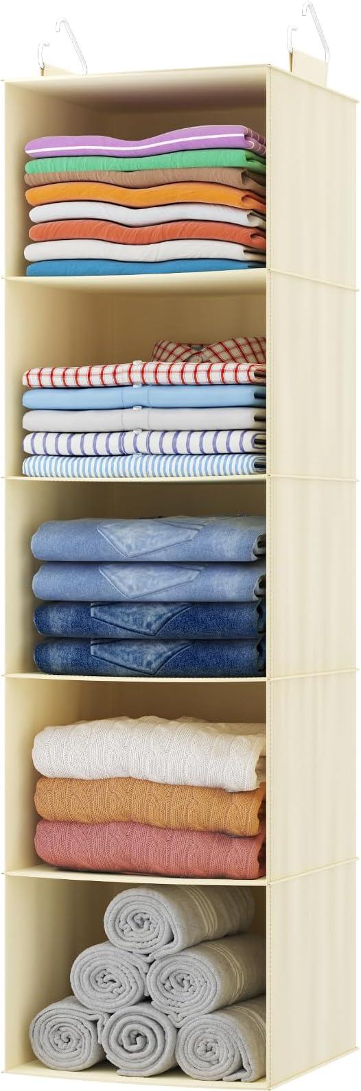 Lifewit 5 Tier Hanging Closet Organizer and Storage for Shelves, Foldable Clothes Storage Shelf with 2 Sturdy Hooks for Clothing Organization, Dorm Room Essentials for Guys, Beige