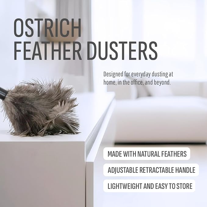 Retractable Feather Duster 8-14 in Adjustable - Natural Ostrich Feather Duster for Cleaning Ceiling Fans, Blinds, Plantation Shutters, Walls & Furniture - Quality Checked in USA - 2 Pack