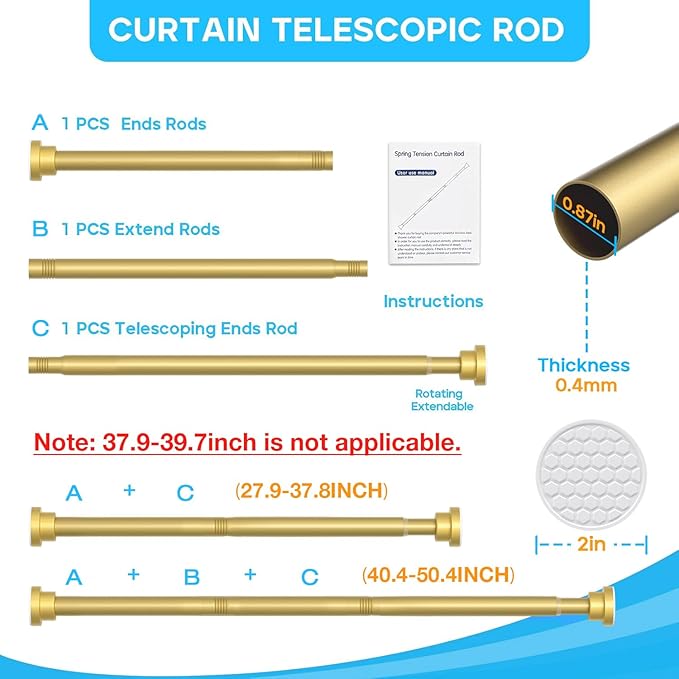 1 Pack Gold Spring Tension Curtain Rod 28-48 Inches, 7/8" inch Adjustable Curtain Rod No Drill, Anti-slip Spring Curtain Rod for Windows Bathroom Kitchen Closet Doorway