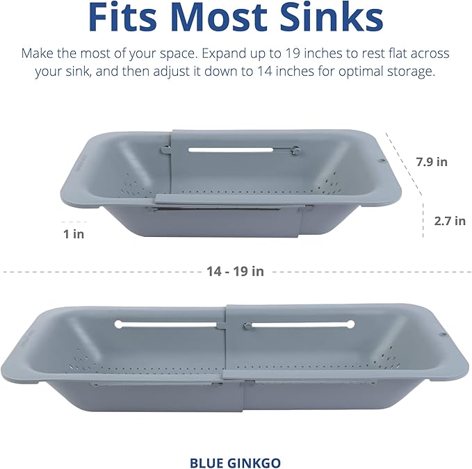 BLUE GINKGO Sink Colander Baskets - (Pack of 2) Wash Vegetables and Fruits, Drain Cooked Pasta and Dry Dishes - Extendable - New Home Kitchen Essentials (2 Grey)