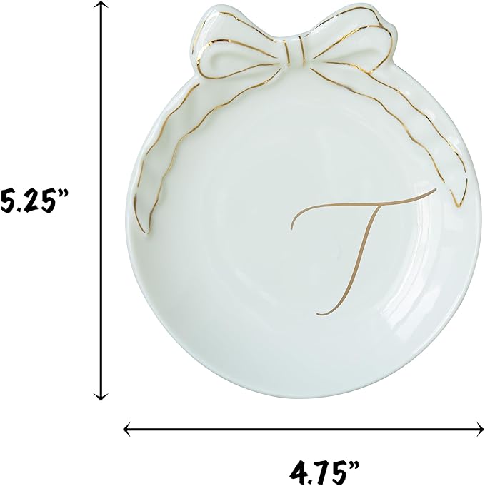 COLLECTIVE HOME - Personalized Initial Ceramic Jewelry Tray with Bow, Christmas Gift Ideas for Women, Small Gift for Girlfriend Wife, Ring Holder, Earrings Dish, Birthday Gift for Her (T)