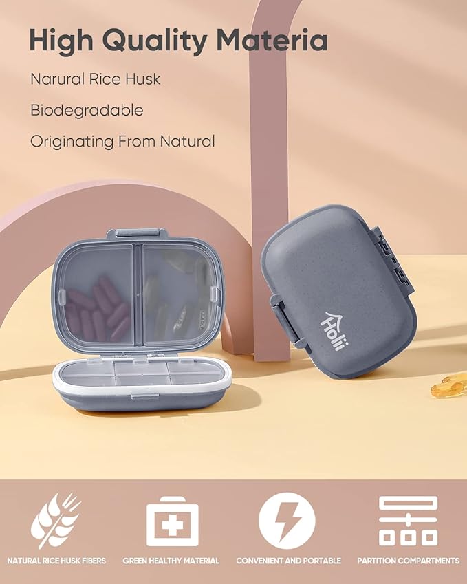 Holii Travel Pill Organizer, 8 Compartments Portable Pill Case, Daily Pill Box to Hold Vitamins, Small Pill Container for Pocket Purse Medicine Organizer（Gray）