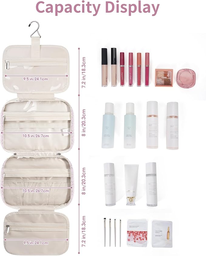 Narwey Hanging Toiletry Bag for Women Travel Makeup Bag Organizer Toiletries Bag for Travel Size Essentials Accessories Cosmetics (Pink Flower Buds (Medium))