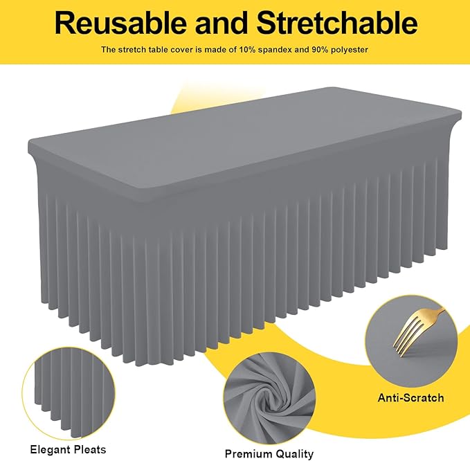 Smiry Spandex Tablecloth, Elastic Fitted Stretch Tablecloth for 6FT Rectangle Tables, Waterproof Washable Table Cover Skirt for Outdoor, Wedding, Banquet & Parties (Grey, 72Lx30Wx30H Inch)