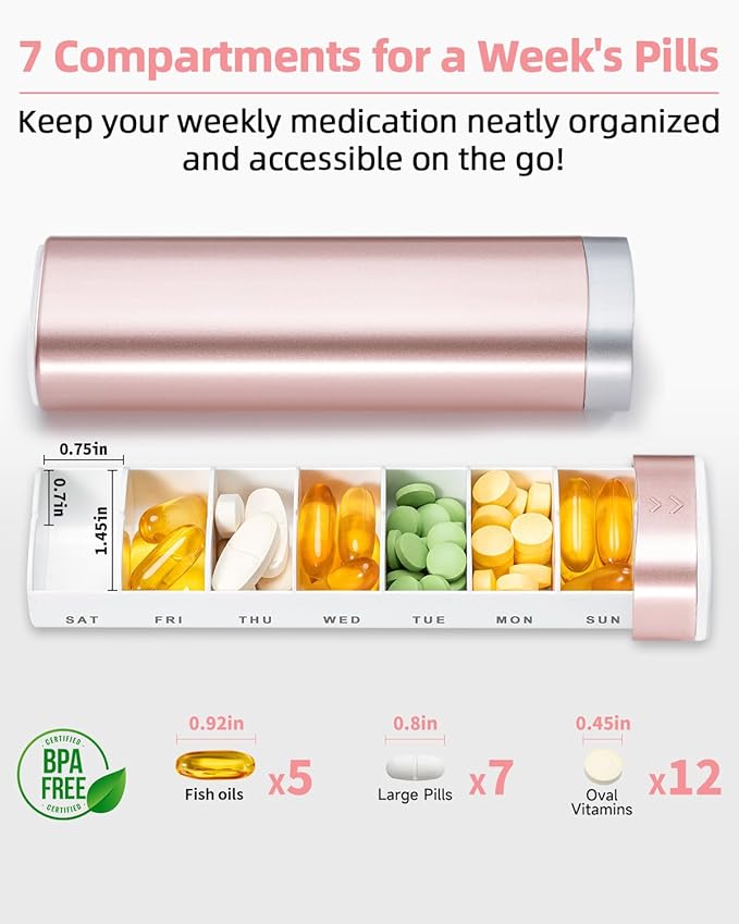 Betife Travel Pill Organizer Weekly 7 Day, Compact Daily Pill Box, Portable Medicine Case, Cute Pill Holder for Vitamins Supplements, Drawer-Shaped Pills Organizer(Pink)