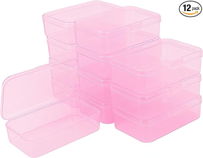 Goodma 12 Pieces Mini Rectangular Plastic Boxes Empty Storage Organizer Containers with Hinged Lids for Small Items and Other Craft Projects (Pink, 3.3 x 2.2 x 1 inch)