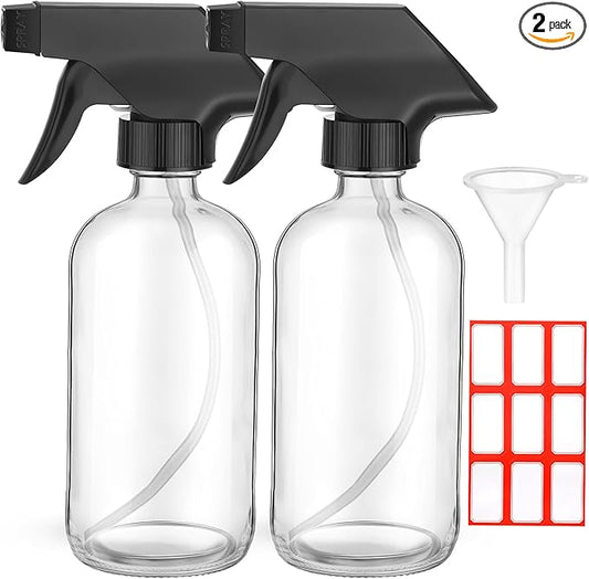 Fumete 2 Pack Glass Bottles 4oz Empty Refillable Liquid Containers with 1 Label 1 Funnel for Essential Oils Hair Travel Plants Cleaning Skin Care(Clear, Black Top,Spray Bottle)