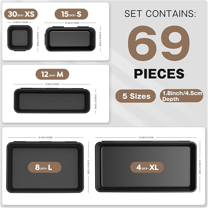 【More Larger Size】A-LuGei【69 PCS-5 Size】 Tool Box Organizer Tray Divider Set【Black】 Desk Drawer Organizer Bin, Garage Organization and Storage Toolbox for Rolling Tool Chest Cart WorkBench Part Widget