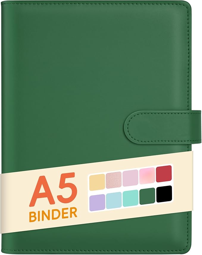 Sooez A5 Notebook Photocard Binder, 6 Budget Binder Ring Planner with Stylish Design, Loose Leaf Personal Organizer Binder Cover with Magnetic Buckle, Macaron PU Leather Binders(Dark Green)