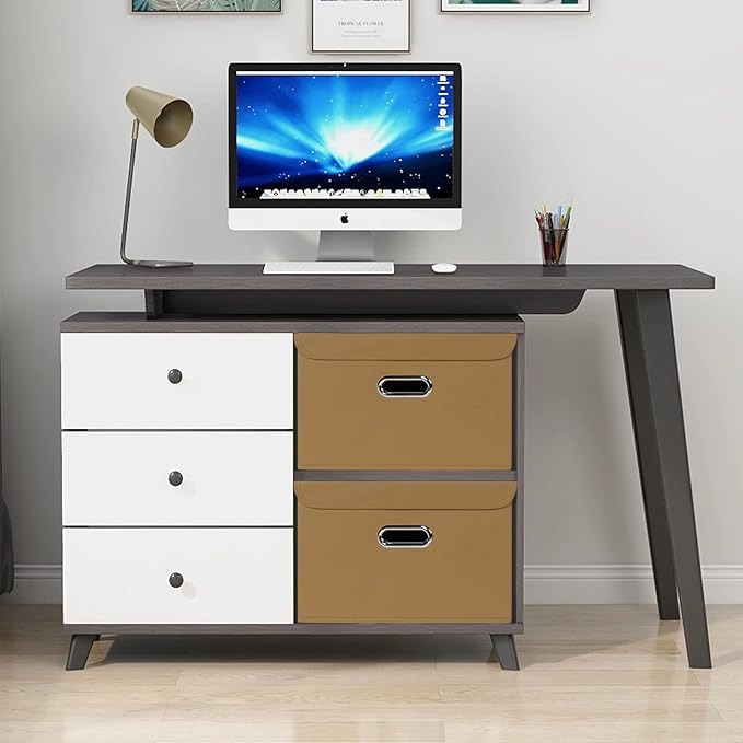 Linen Fabric Foldable Collapsible Storage Cube Bin Organizer Basket Fabric Storage Bins with Lid, Leather Handles, Removable Divider for Home, Closet, Khaki 3Pcs