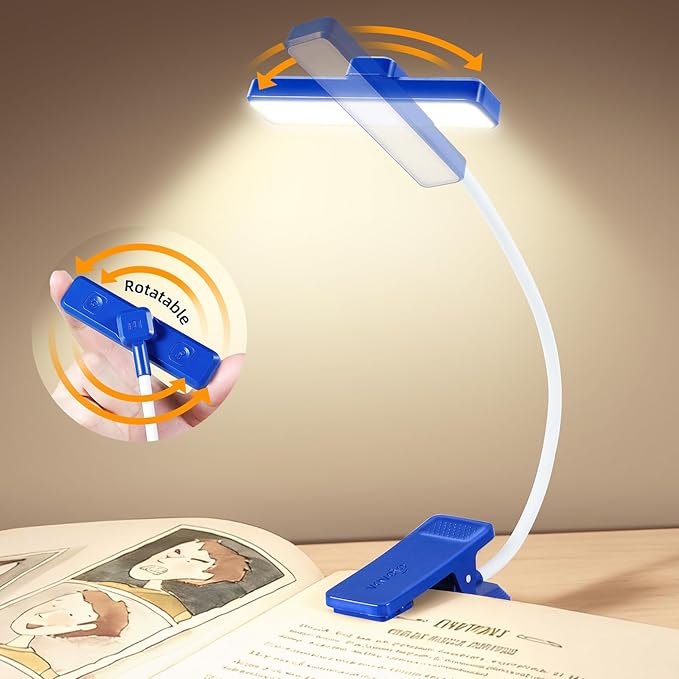 VAVOFO Rechargeable Book Light Rotatable：24 LEDs Reading Light, 3-Color & 9-Brightness Book Lamp, Eye Cared 120Hrs Runtime Lightweight Clip on Led Light for Book Lovers (Royal Blue)