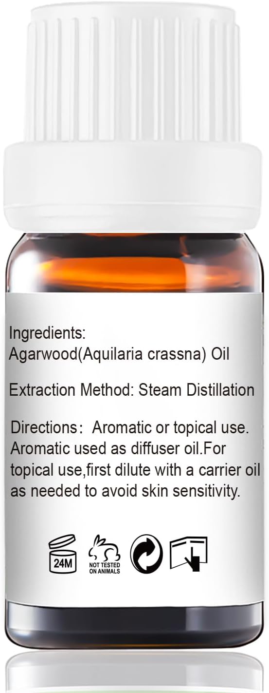 Agarwood Essential Oil - Pure Organic Oud Oil for Aromatherapy, Diffusers, Spray, Skin & Hair Care, Massage, DIY Candles & Soap, Perfume - 10mL