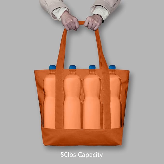 TOPDesign 3-Pack Canvas Tote Bags with an External Pocket, Reusable Grocery Shopping Bags, Top Zipper Closure, Daily Essentials (Orange)