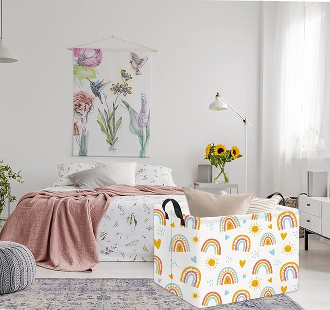 Rectangular Kids Storage Basket for Home Kitchen Girls Cute Storage Bin Organizer Shelf Book Room Decor(Colorful Rainbow)