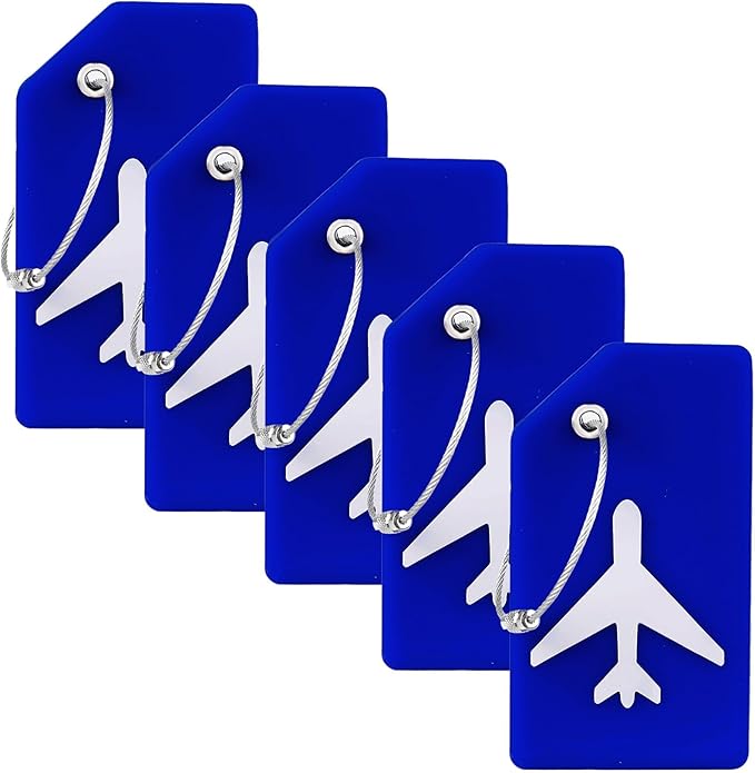 5 Pack Silicone Luggage Tag for Suitcases with Stainless Loop, TSA Approved, Privacy Protection Travel Essentials Bag Tags by Gostwo, Blue
