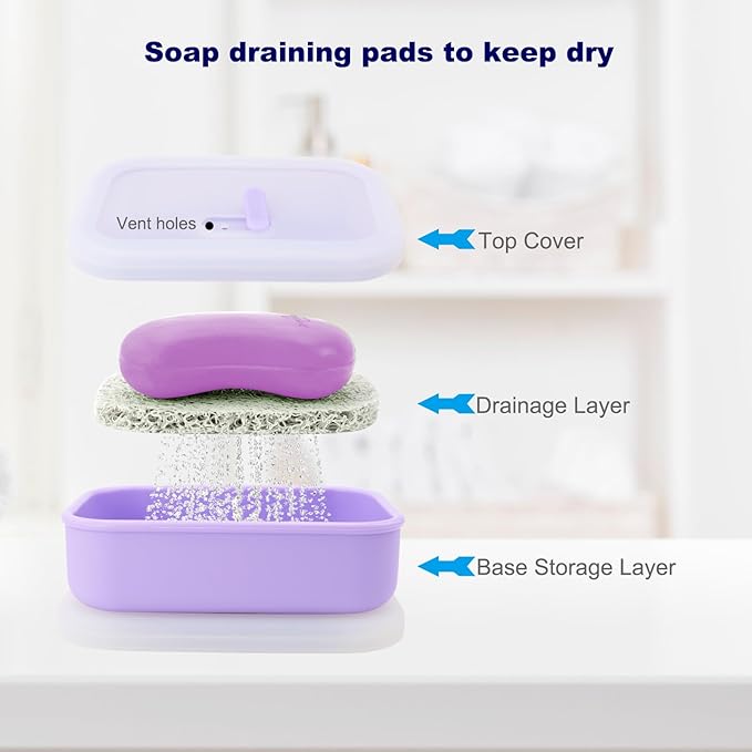 Leak Proof Travel Soap Case, Solid Shampoo Bar Holder, Silicone Soap Container with Draining Layer, Portable Bar Soap Holder for Bathroom, Camping, Gym, Easy to Clean (Purple, Large)