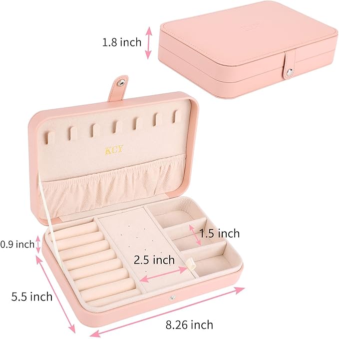 KCY Travel Jewelry Organizer Box for Women Girls, Small Travel Jewelry Case, PU Leather Portable Jewellery Storage Boxes Display Holder for Ring Earrings Necklace Bracelet Bangle, Gifts, Pink
