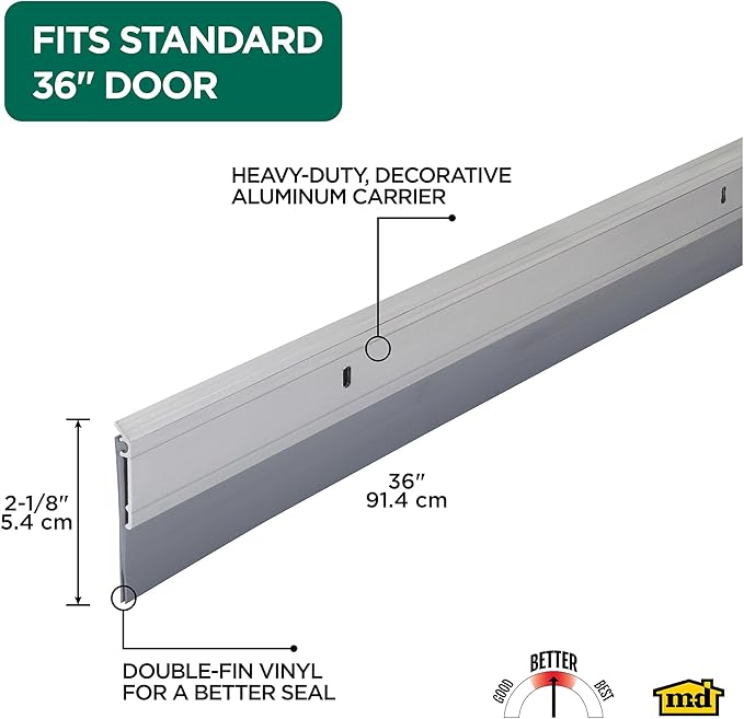 M-D Building Products 05389 All-Season Door Sweep, Heavy Duty Aluminum and Vinyl, Ideal for Residential & Commercial Use, Easy Installation, Ensure Comfort and Save Energy (36 Inch, Silver)