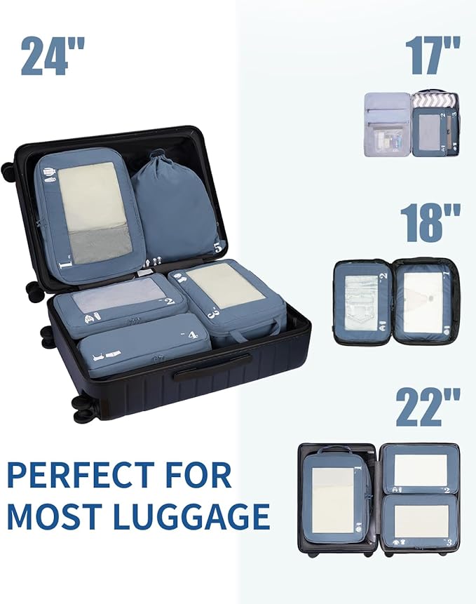 ECOHUB 5 Set Compression Packing Cubes for Suitcases Organizer Bags Set Travel Essentials with Shoe Bag for Traveling Tear-resistant Travel Accessories with ID Tag Expandable Packing Bags (All Blue)