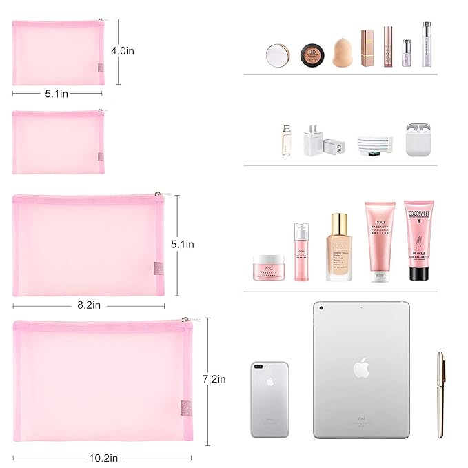 EASYFUN Mesh Pouch, Makeup Bag with Zipper Cosmetic Organizer Pouch for Daily or Travel to Keep Small Items, 4 PCS Pink