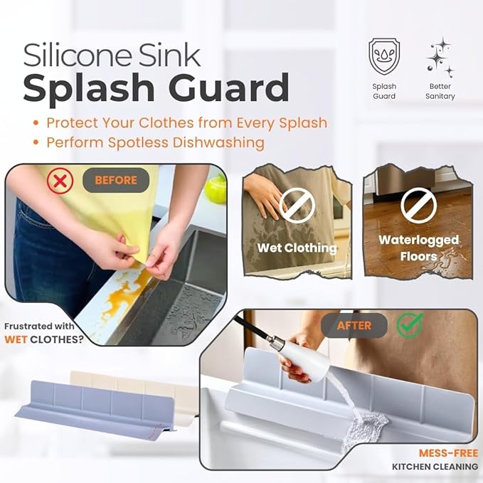 MessOut Extra Large Silicone Kitchen Sink Splash Guard 58x9x10cm – Non-Slip with Strong Suction, Non Crumble, Non-Harmful, Durable & Easy-to-Clean Protector for a Mess-Free Sink and Dishwashing (Grey)
