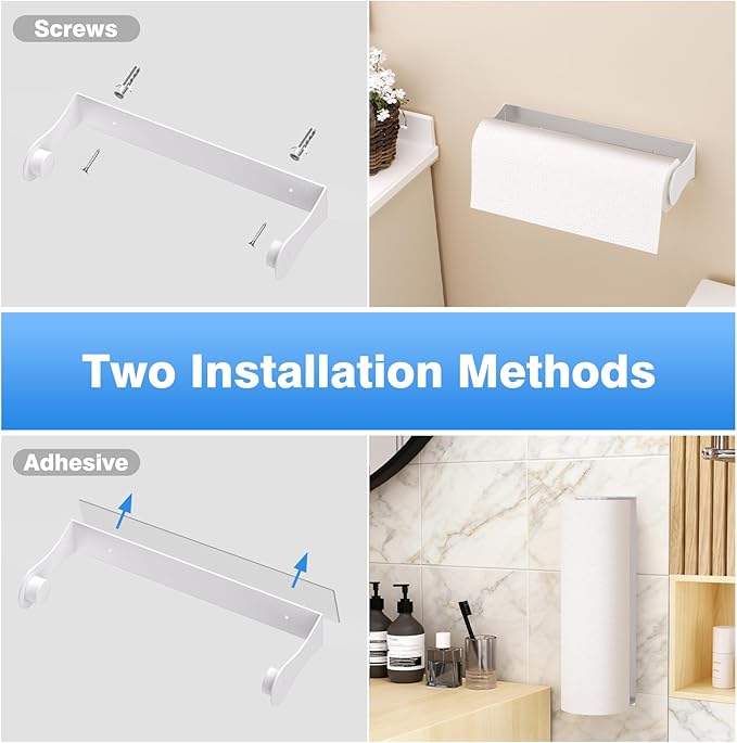 Paper Towel Holder Under Cabinet, Adhesive or Screw Mount, Fits Standard & Mega Rolls, Wall Mount Rack for Kitchen, Bathroom, RV, White
