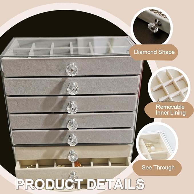 SPAKOWN Earring Box Holder Organizer Display Case, Clear Velvet Jewelry Storage Tray Organizer for Earring Ring Stud (Grey - 5 Drawers)