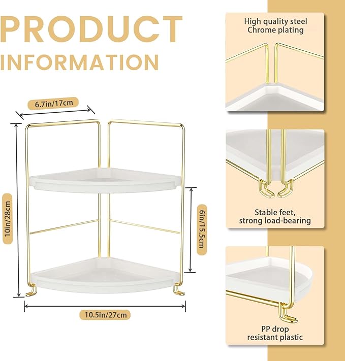 2-Tier Corner Bathroom Countertop Organizer, Tiny Counter Corner Shelf Skincare Makeup Perfume Organizer and Organization for Kitchen (Luxury Gold)
