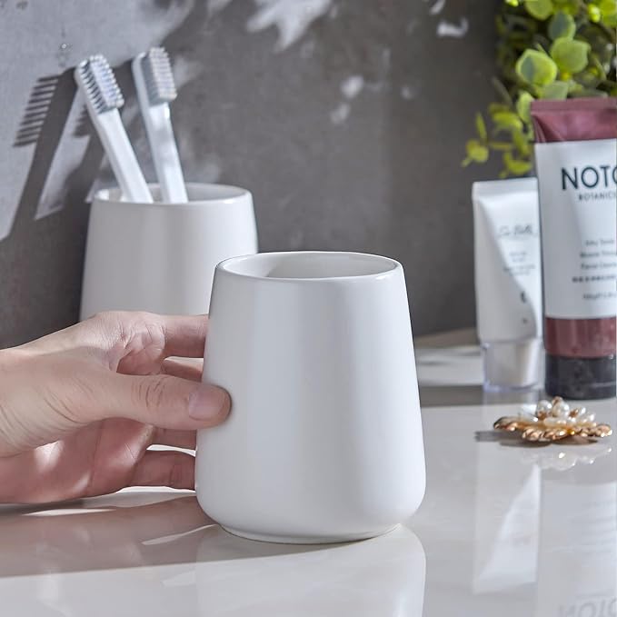 White Toothbrush Holder for Bathroom - Ceramic Tooth Brushing Holders, Toothbrush Cup & Toothpaste Organizer for Bathroom Countertop, Makeup Brush Holder, Pen Holder for Home Desktop Storage