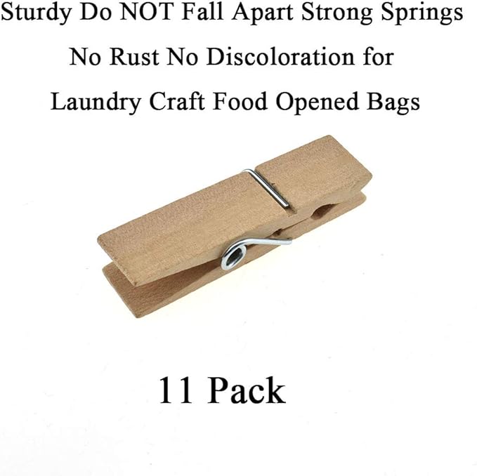 HAHIYO Wooden Clothes Pins Clothespins Extra Wide Do NOT Fall Apart 2.83 inches Length 11 Pack Sturdy Strong Springs No Rust No Discoloration for Laundry Craft Food Opened Bags