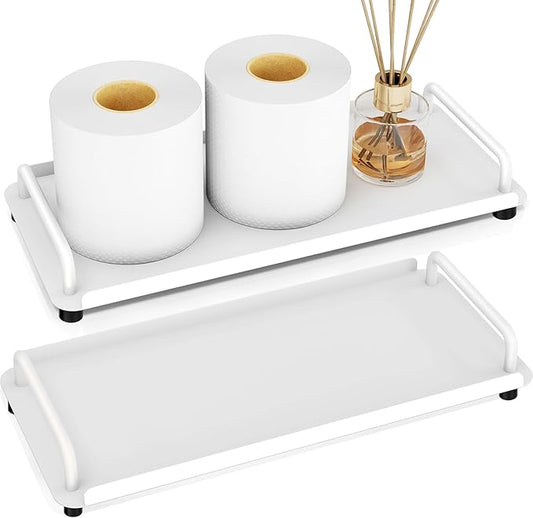 2 Pack Bathroom Vanity Tray, Toilet Tank Tray with Handle, Bathroom Trays for Counter, Toilet Tank, Kitchen (White)