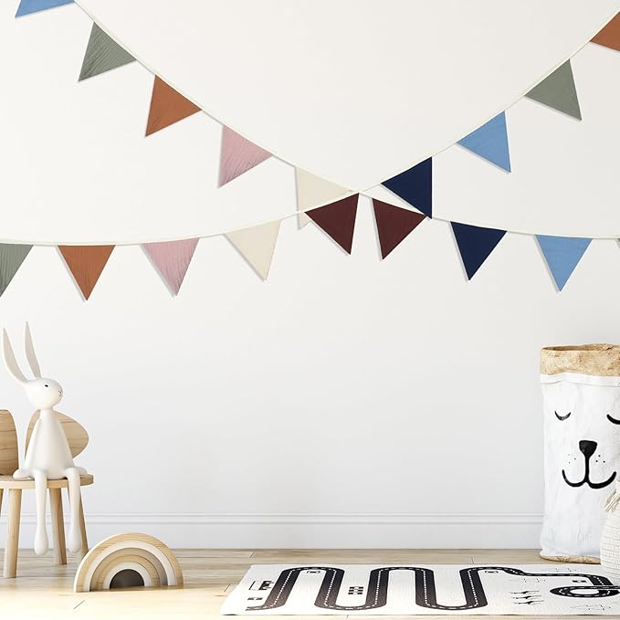Oudain 2 Pcs Pennant Banner Flags Nursery Garland Triangle Bunting Flags Playroom Wall Decor Banner for Nursery Baby Shower Birthday Boho Wedding Party Event, Each 7.75 ft(Neutral Color)